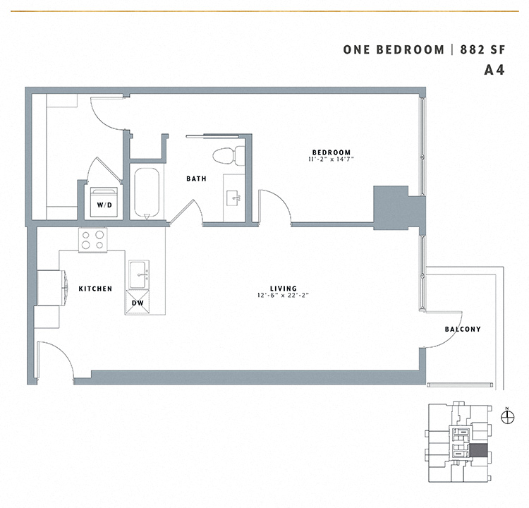 Floor plan for 1 bed, 1 bath, 882 sqft